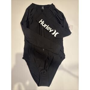 Hurley Women’s One-Piece Black Swimsuit Rash Guard Long Sleeve Zip Front Size S